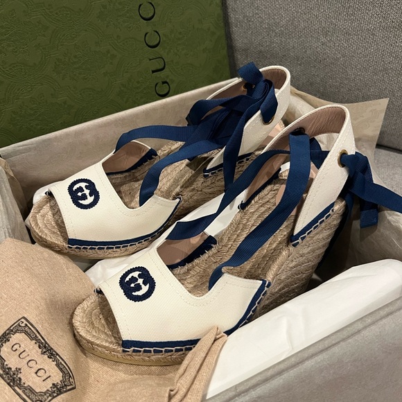 NEW Gucci GG Judie Lace Up Ballerina Espadrille Wedges - Picture 2 of 10